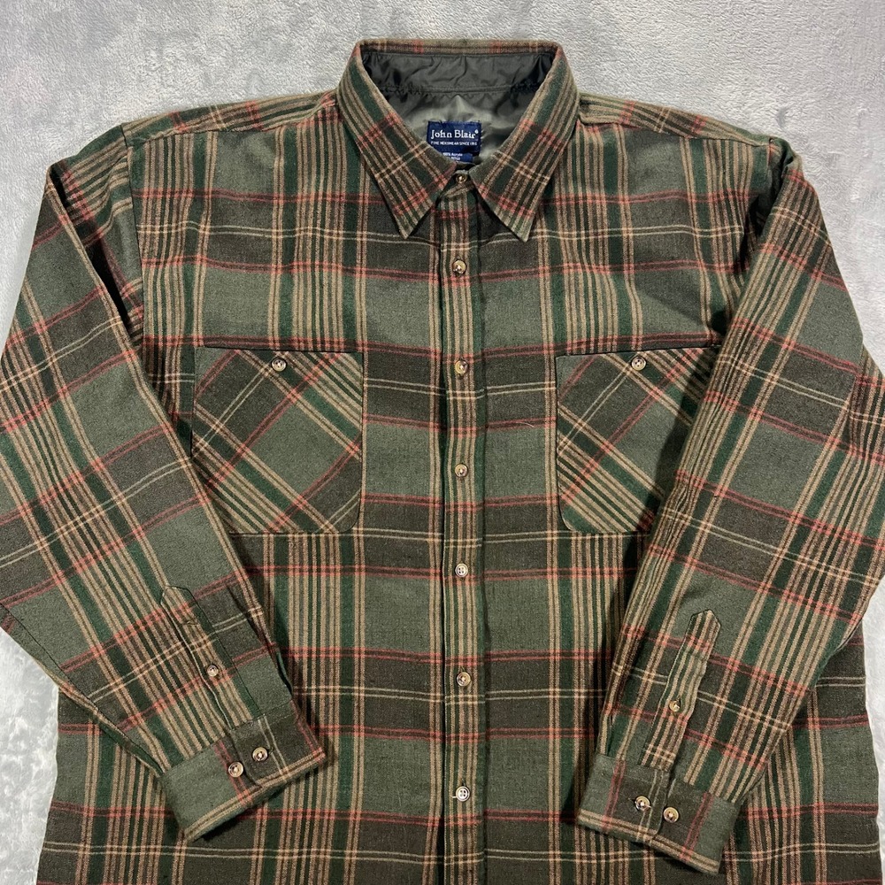John‎ Blair Flannel Shirt Mens XLG Green Plaid 100 Acrylic Button Down Workwear